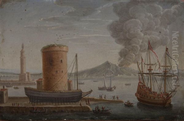 Scorcio Del Porto Di Napoli Con Veliero, Lanterna Del Moro E Vesuvio In Eruzione - view 1
