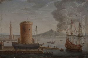 Scorcio Del Porto Di Napoli Con Veliero, Lanterna Del Moro E Vesuvio In Eruzione by Charles Leopold Grevenbroeck