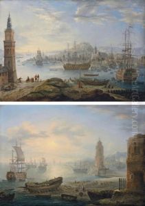 A Busy Port With Three-masters, A Tower In The Left Foreground And Mountains Beyond; And A Coastal Inlet With Three-masters And Other Boats, A Ruined Tower In The Right Foreground And Mountains Beyond by Charles Leopold Grevenbroeck