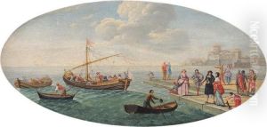 A Coastal Scene With Figures On A Quay And Small Vessels by Charles Leopold Grevenbroeck