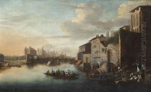 A River Townscape With A Ferry Crossing, Washerwomen And Other Bathers