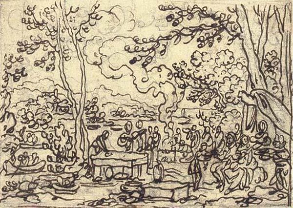 An Elegant Company Feasting In A Clearing By A River - view 1