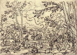 An Elegant Company Feasting In A Clearing By A River by Simon II Gribelin