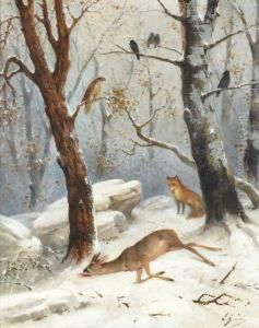 Un Renard Approchant Un Chevreuil Mort by Emile Gridel