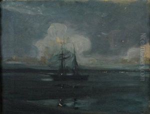 St. Ives Bay In Moonlight, A Boat Aground. by Louis Monro Grier