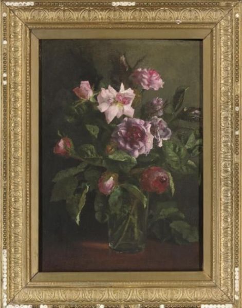 Pink Roses In A Glass Vase, On A Table - view 1
