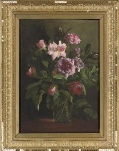 Pink Roses In A Glass Vase, On A Table by Walter Graham Grieve