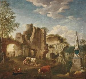 An Italianate Landscape With Classical Ruins, Drovers And Their Herd At Rest