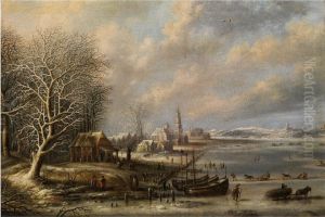 Hollandische Winterlandschaft Mit Kirchturm Zwischen Verschneiten Hausern Sowie Eisvergnugen Auf Gefrorenem See