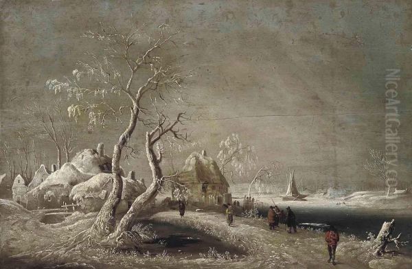 A Winter River Landscape With Figures On A Track - view 1