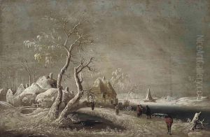 A Winter River Landscape With Figures On A Track