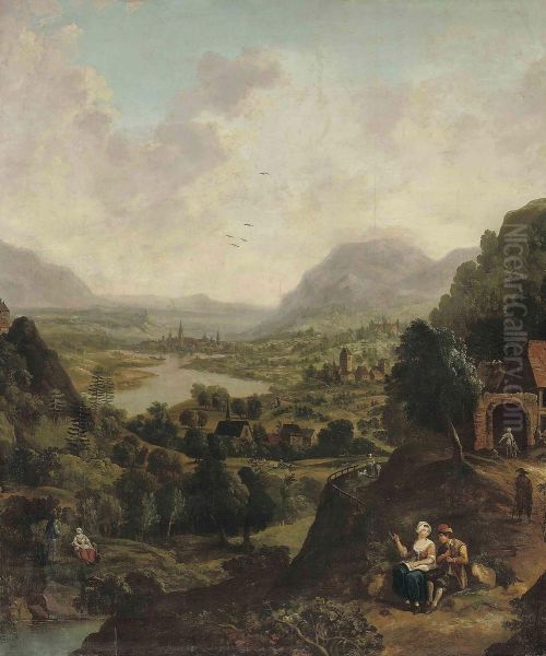 A Rhenish River Landscape With Figures Travelling And Conversing Beside A Track, A City Beyond - view 1