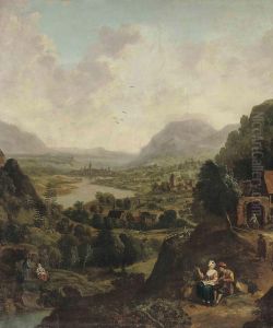 A Rhenish River Landscape With Figures Travelling And Conversing Beside A Track, A City Beyond