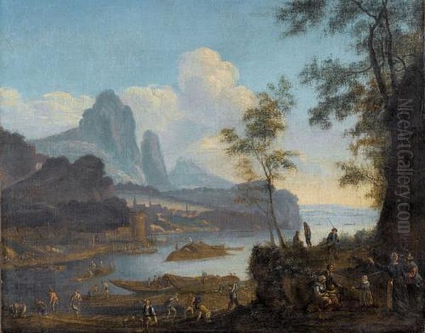 Belebte Rheinuferszene Mit Holzarbeitern Und Staffage - view 1