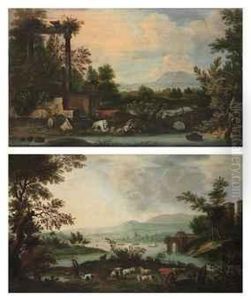 A Rural Landscape With Capricci, Figures, And A Herd A Rural Landscape With Capricci, Figures, And A Herd