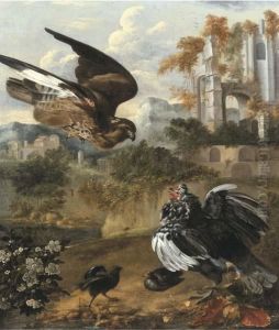 A Hen Protecting Her Chickens From A Hawk, By A Ruin A Hen Protecting Her Chickens From A Hawk, By A Ruin