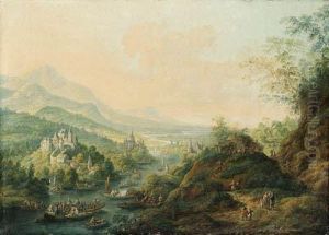 An Extensive Rhenish Landscape With Castles Along A River Andpeasants Boating An Extensive Rhenish Landscape With Castles Along A River Andpeasants Boating