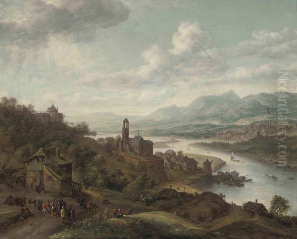 A Rhenish River Landscape With Peasants Dancing Before An Inn, Avillage With A Church And Shipping Beyond - view 1