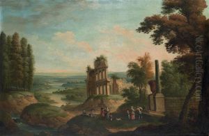 An Extensive River Landscape With Elegant Company By Classical Ruins by Robert Griffier