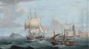 Merchant Shipping And A Mediterranean Pinke In Close Quarters Offgibraltar by William Hull