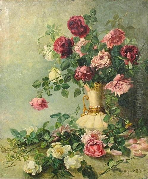 A Still Life With Red, Pink And White Roses In A Vase - view 1