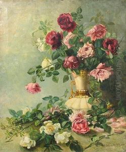 A Still Life With Red, Pink And White Roses In A Vase