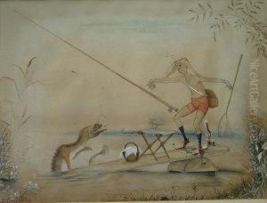 Elfine Figure On A Raft With A River Monster