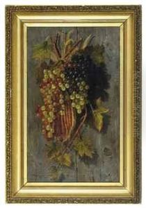 Grapes And Corn Husks Hanging Against A Wooden Wall by Samuel W. Griggs