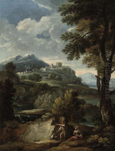 An Italianate Wooded River Landscape With Shepherds And Their Dogby A Waterfall, Ruins Beyond - view 1