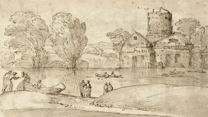 Figures And Boats Near A Fortified Farmhouse On A Lake Figures And Boats Near A Fortified Farmhouse On A Lake