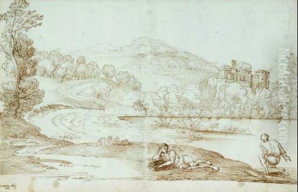 Paysage D'italie Avec Deux Figures Masculines Au Bord D'un Lac - view 1