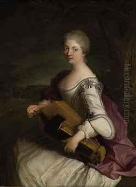 Portrait Of A Lady, Three-quarter-length, In A White Dress Withblue Bows, And A Violet Mantle, Playing A Hurdy Gurdy, In A Woodedlandscape - view 1
