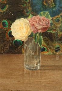 Still Life Of Roses In A Vase Against A Background Of Peacock Feathers