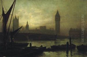 Westminster Bridge, With The Houses Of Parliament Beyond by Louis H. Grimshaw
