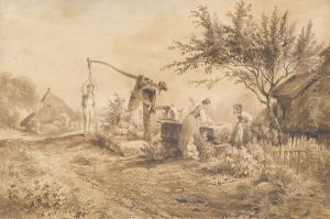 Dorfpartie Mit Bauersleuten An Einem Brunnen. by Georges Grisel