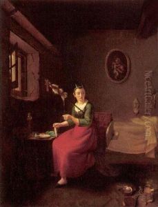 Bedroom Interior With A Young Woman Spinning Woll At Her Desk