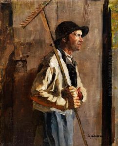 Junger Bauer Mit Holzrechen An Einer Scheunentur by Hermann Groeber
