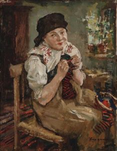 Strickendes Bauernmadchen by Hermann Groeber