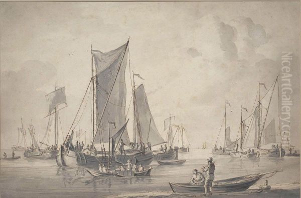 Sailing Vessels At Anchor, Figures In A Skiff In The Foreground - view 1