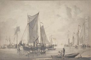 Sailing Vessels At Anchor, Figures In A Skiff In The Foreground by Gerrit Groenewegen