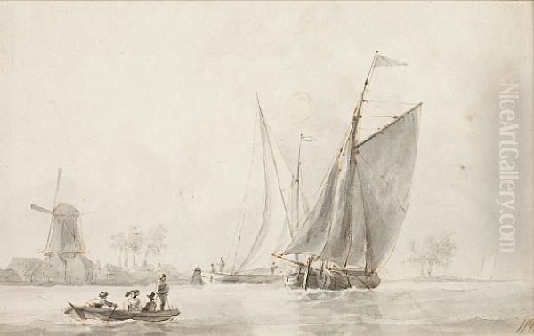 Sailing Vessels And A Rowing Boat, With Distant Windmill - view 1