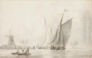 Sailing Vessels And A Rowing Boat, With Distant Windmill by Gerrit Groenewegen
