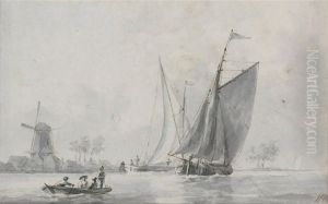 Barges On The Estuary Before A Windmill