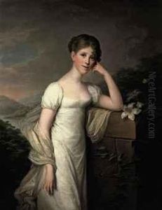 Portrait Of Sophie Caroline Von Berger, Nee Grafin Krag-juel-vind-fries, Three-quarter-length, In A White Dress And A Silk Wrap, Standing In A Landscape, Leaning On A Pedestal With Lilies