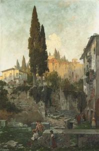Visitors By Roman Ruins At Dusk