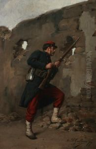 Infantry Soldier Behind Rampart by Paul Louis Narcisse Grolleron
