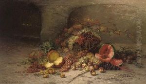 A Pineapple, A Watermelon, A Peach And Grapes In A Basket