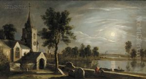 In The Churchyard By The River Under The Light Of The Moon by William Groombridge