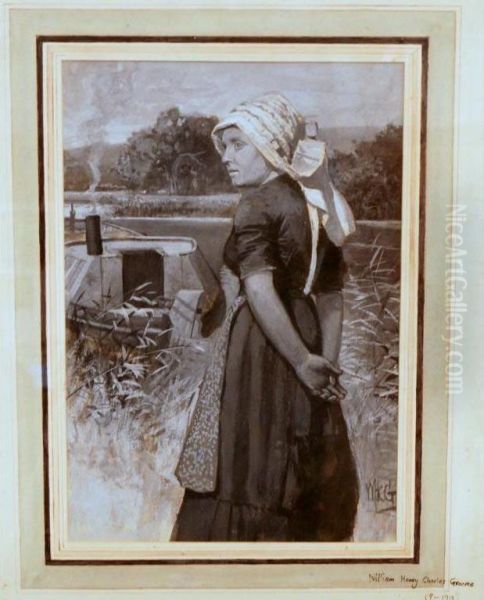 Early 2thc School Watercolour Flemish Woman Beside A Barge, Signed William Henry Charles Groome, Died 1913 - view 1