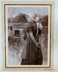 Early 2thc School Watercolour Flemish Woman Beside A Barge, Signed William Henry Charles Groome, Died 1913